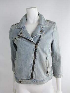 GAP 1969 Vintage Wash Light Denin Jean Jacket Moto Utility Faded Crop 3/4 Sleeve